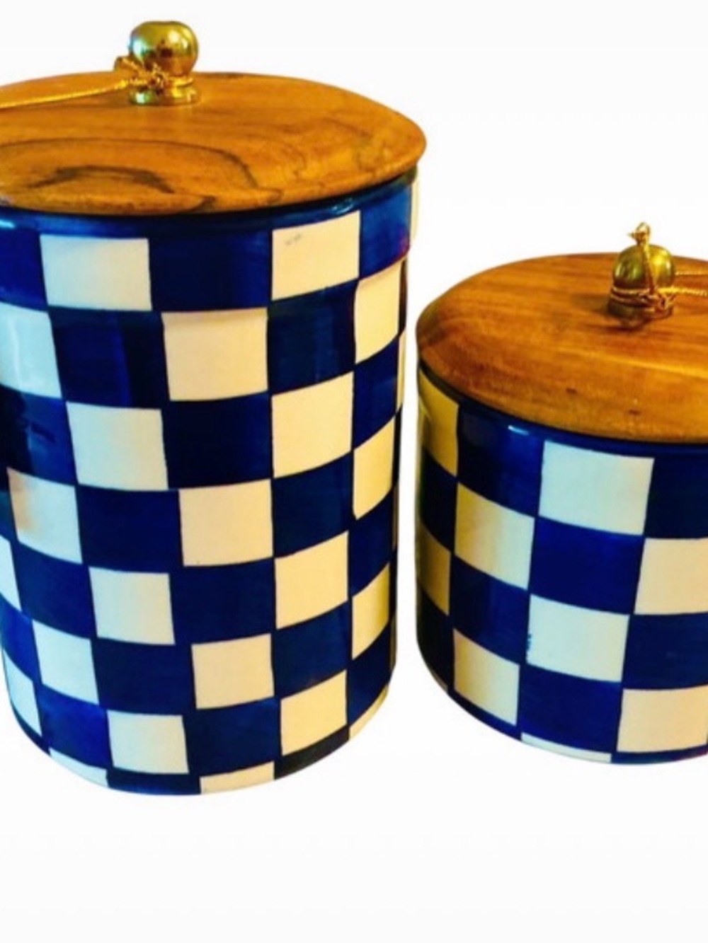 Blue & White Check Ceramic Canister Set with Wooden Lids